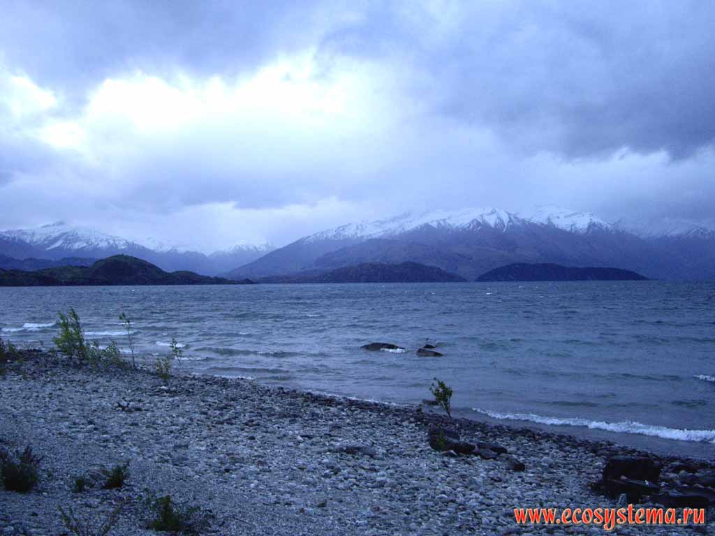 Lake Wanaka - mesotrophic mountain lake (with an intermediate level of productivity).
300 meters above sea level. Southern (New Zealand) Alps.
Otago region, south-east part of South Island, New Zealand