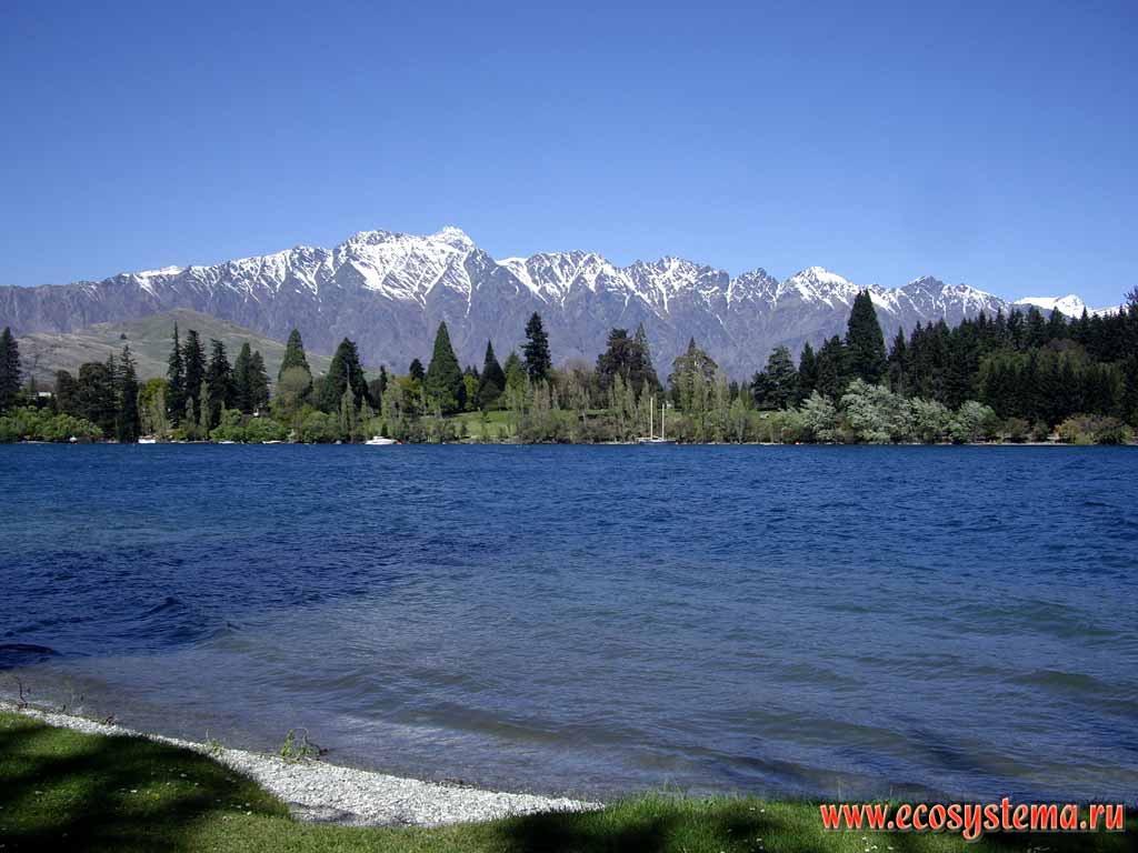 Lake Wakatipu - inland glacial lake (finger lake) (310 meters above sea level)
and Garvie Mountains on the background. Southern (New Zealand) Alps.
Queenstown area, Otago region, south-east part of South Island, New Zealand