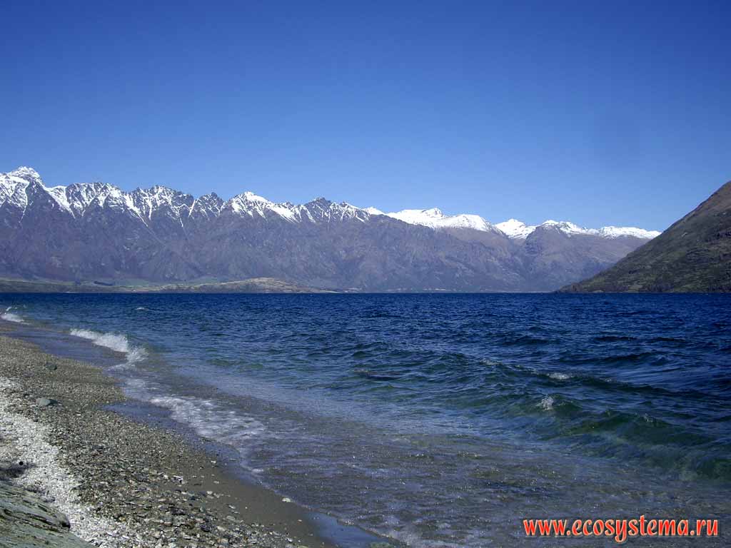 The shore of the Wakatipu Lake - inland glacial lake (finger lake) (310 meters above sea level)
and Garvie Mountains on the background.
Southern (New Zealand) Alps.
Queenstown area, Otago region, south-east part of South Island, New Zealand