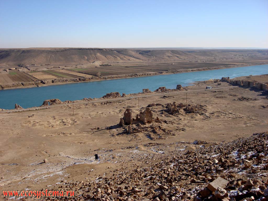 Euphrates river valley with rocky desert on the river terrace and irrigated fields on the flood plain.
Euphrates middle current, North-West, or Upper Mesopotamia, Eastern Syria