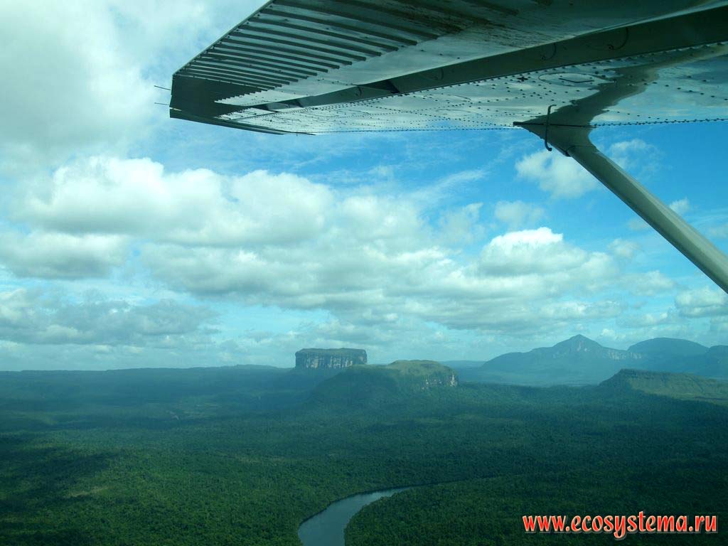 Вид на реку Карони и столовую (столбообразную) гору (тепуй, тепуи) с борта самолета.
Национальный парк Канайма (Canaima), зона влажных тропических лесов, Гвианское нагорье, Венесуэла