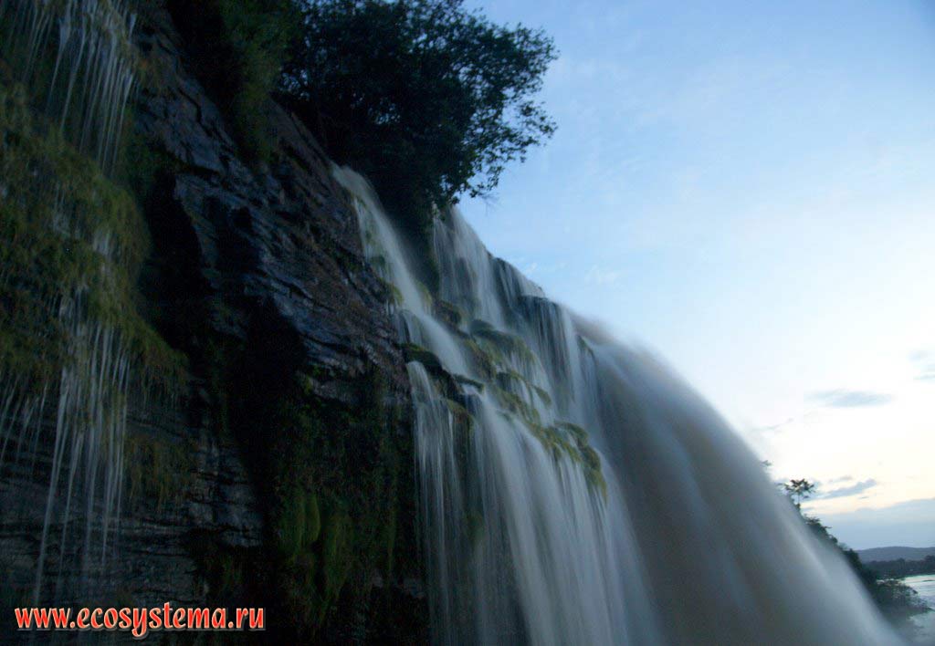 Верхняя кромка водопада Лягушка на реке Каррао, стекающей со столбообразного (столового) плато.
Национальный парк Канайма, зона влажных тропических лесов, Гвианское нагорье, Венесуэла