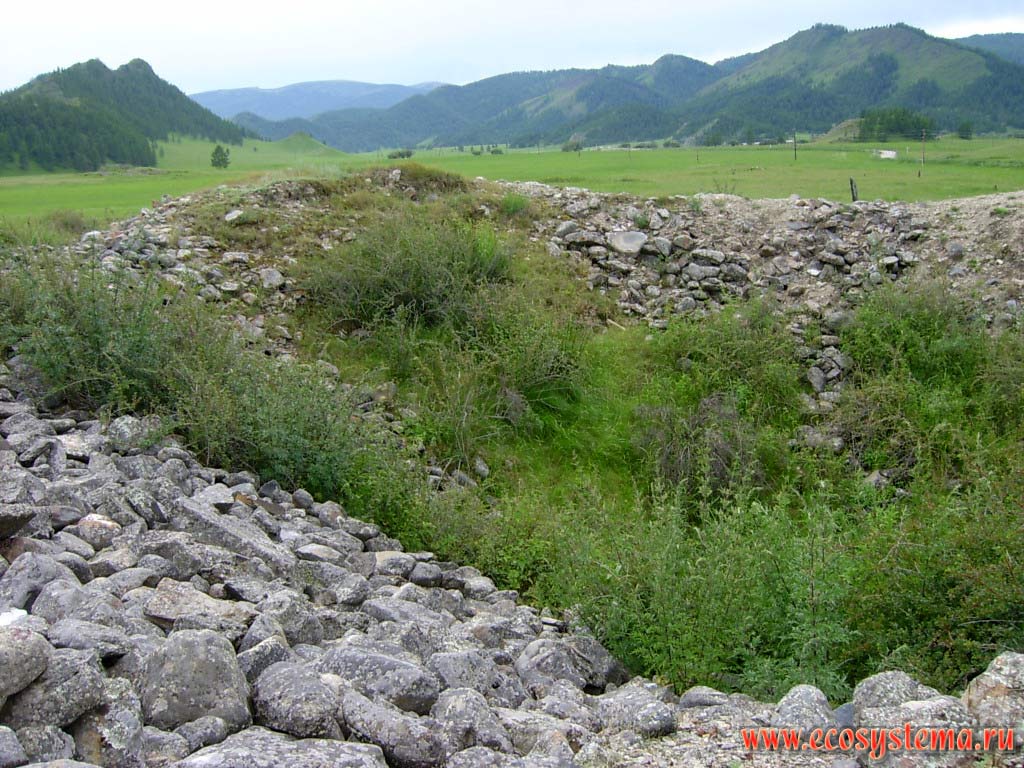 The central part of the excavated burial Bashadarsk mound (Turkic culture VI-V centuries BC). Karakol Nature Park Uch-Enmek, Ongudansky District, Altai Republic