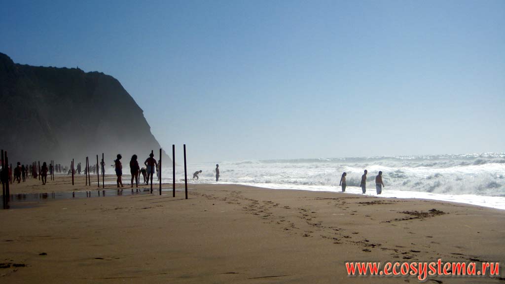 Sandy beach on the Atlantic coast in the band surf on the west coast of Iberian Peninsula, Portugal