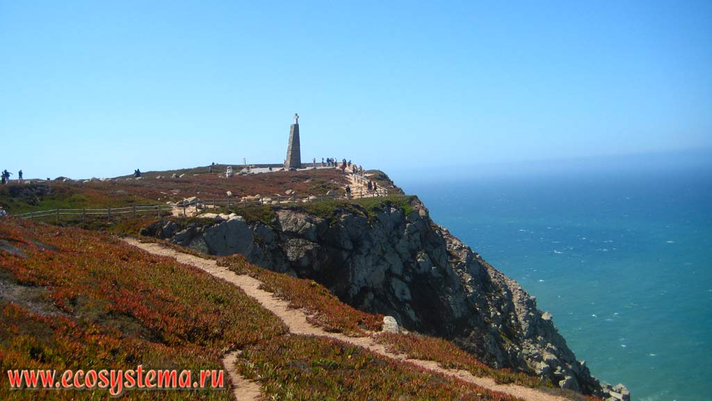 Roco Cape (Cabo da Roca) in the Atlantic Ocean - the extreme western point of Eurasia mainland. National Park of Sintra-Cascais on the west coast of Portugal. Iberian Peninsula