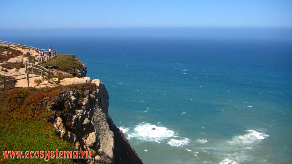 Высокий обрыв (клиф) на берегу Атлантического океана в районе мыса Роко (Cabo da Roca). Национальный парк Синтра-Кашкайш (Sintra-Cascais)
на западном побережье Португалии. Пиренейский полуостров