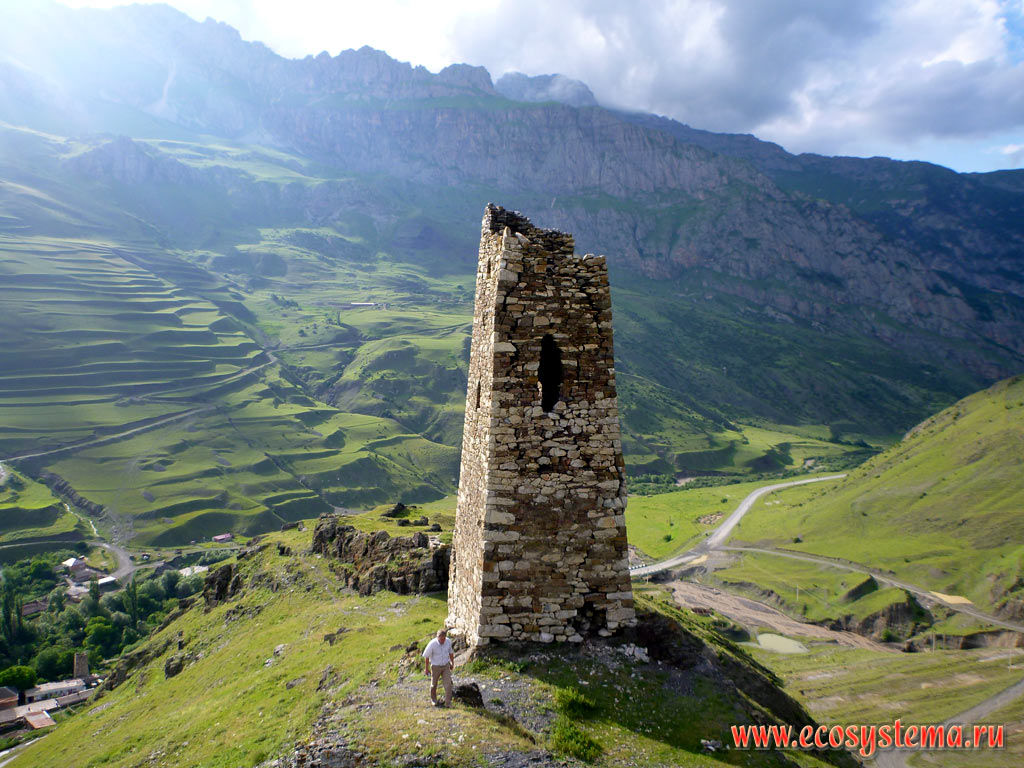 Dilapidated watchtower on the outskirts of the village of Upper Fiagdon in the valley of the river Fiagdon in the foothills of the Greater Caucasus