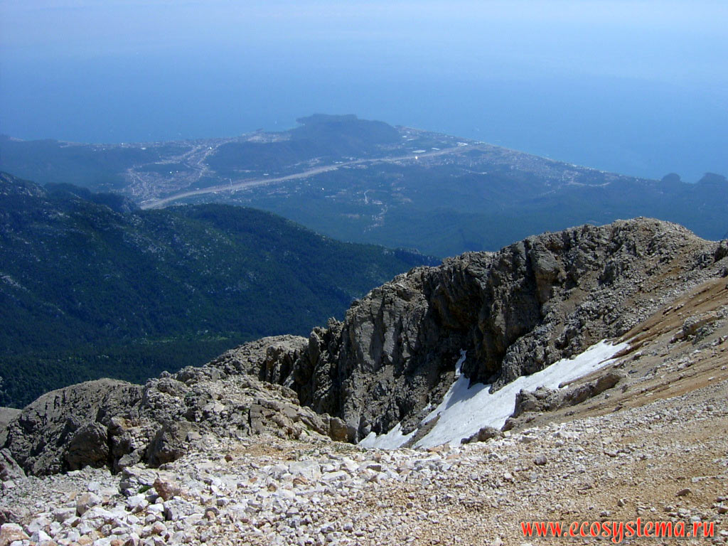 Views of the Mediterranean coast, Kemer (to the left of the Peninsula), the river of Agva and villages of Kiris and Camyuva from the top of the Tahtali Dag, or Lycian Olympus