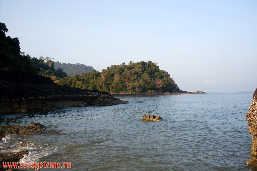 Molae Bay (Ao Molae) and coastal capes covered with tropical forests on the bank of the Malacca Strait of Andaman Sea