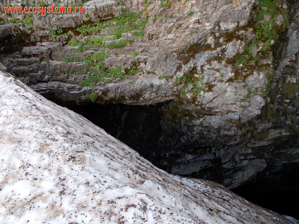 The snow-covered entrance to the Psychro Cave, or Diktaean Cave, or Cave of Zeus on the edge of the Lasithi plateau