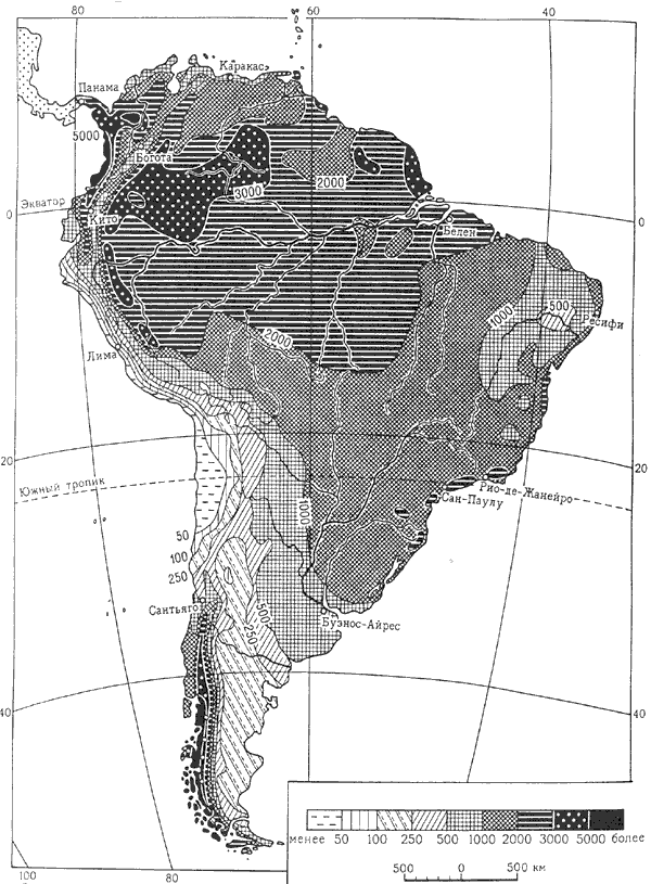 Среднегодовое количество осадков в Южной Америке