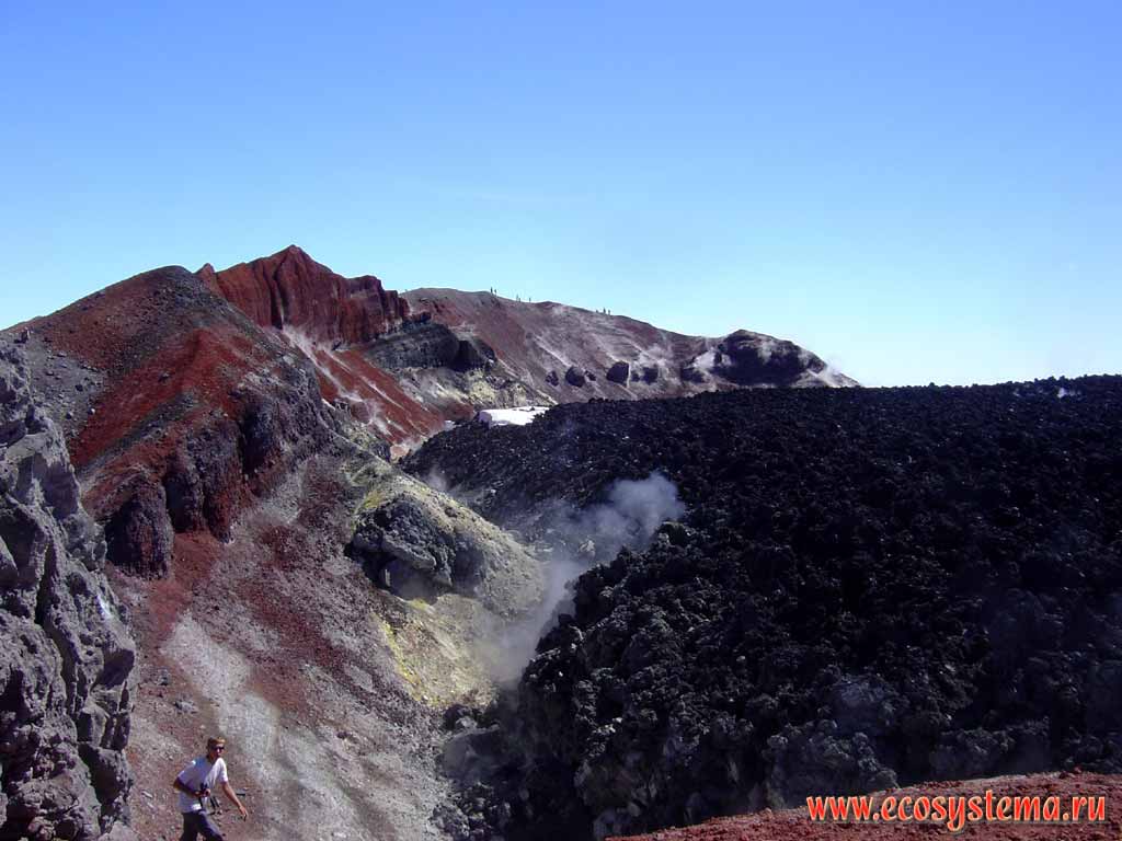 Internal slope of the Avachinsky volcano crater (altitude - 2740 meters above sea level).
Fumarole chink with volcano sulfur sediments (yellow) and lava stopper (plug)(black)
