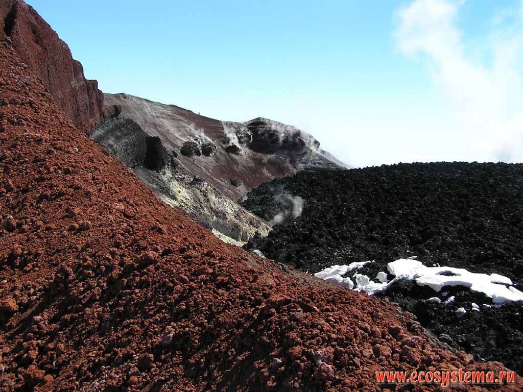 Internal slope of the Avachinsky volcano crater (altitude - 2740 meters above sea level).
Fumarole chink with volcano sulfur sediments (yellow) and lava stopper (plug)(black)