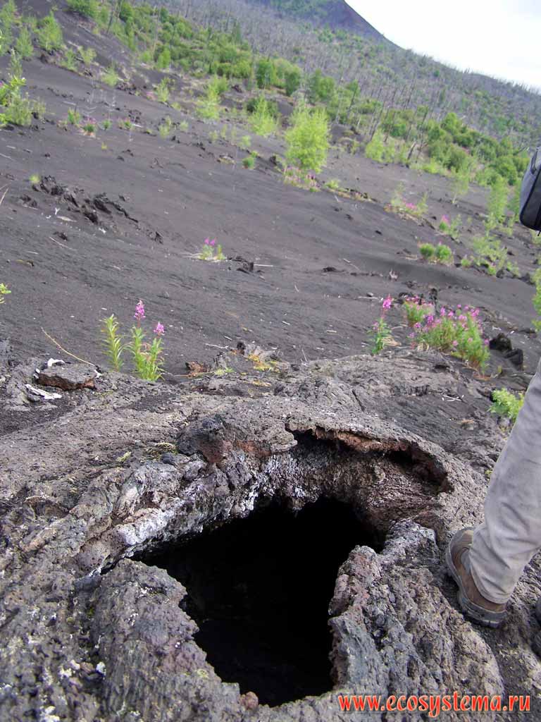 Volcano lava cave (cavern). Plosky (Flat) Tolbachik volcano outskirts