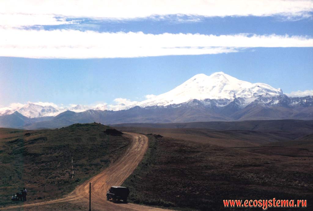 View to Elbrus Mountain (height 5642 m) from Bechasin plateau (2200 m above sea level)
