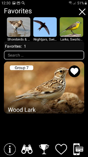 Mobile application field guide Birds of Europe: Songs, Calls and Voices - Favorites screen