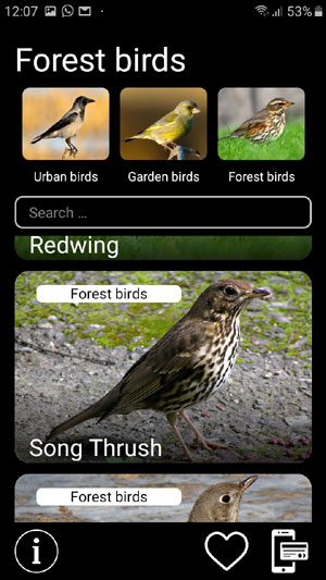 Mobile field Guide app Bird Decoys: European Birds Songs, Calls, Sounds - Forest birds group