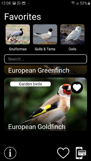 Mobile field Guide app Bird Decoys: European Birds Songs, Calls, Sounds - Favorites screen