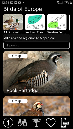 Mobile app Birds of Europe PRO: Field Identification Guide - main screen with all bird species