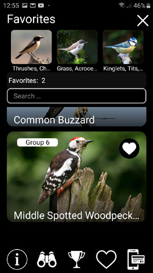 Mobile app Birds of Europe PRO: Field Identification Guide - Favirites list screen