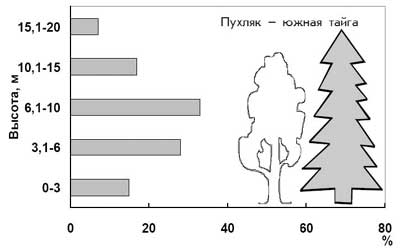 Вертикальное распределение синиц во время кормодобывания (здесь и далее: размер деревьев на рисунке отражает среднюю высоту древостоя)