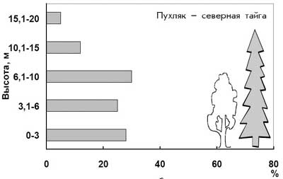 Вертикальное распределение синиц во время кормодобывания (здесь и далее: размер деревьев на рисунке отражает среднюю высоту древостоя)