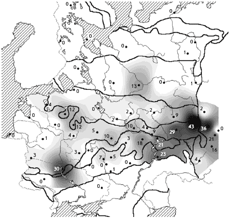 Московка. Зимняя численность в хвойных и смешанных лесах (в среднем), особей/км2