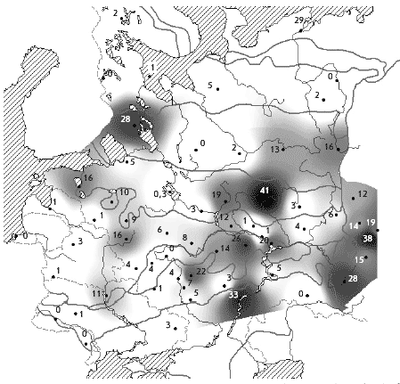 Чечетка. Зимняя численность в лесах разного типа (в среднем), особей/км2