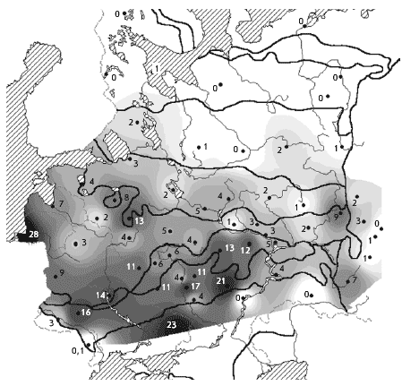 Снегирь. Зимняя численность в лесах разного типа (в среднем), особей/км2