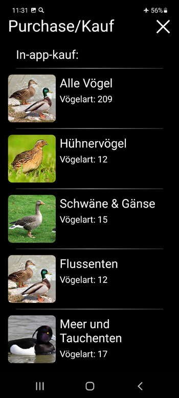 Mobile FeldidentifikationfГјhrer KlangkГ¶der auf EuropГ¤ischen VГ¶gel - In-App-Kauf-Bildschirm