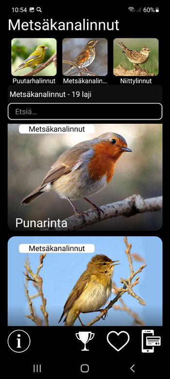 Mobiilisovellus Houkutuslintu Euroopan linnuille: Lauluja, Puheluita, Г„Г¤niГ¤ - systemaattinen, alue ja ekologisten ryhmien seulonta