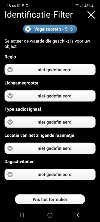 Mobiele Applicatie Europese vogelgeluiden PRO: Liedjes, Oproepen en Stemmen - Identificatie filter scherm