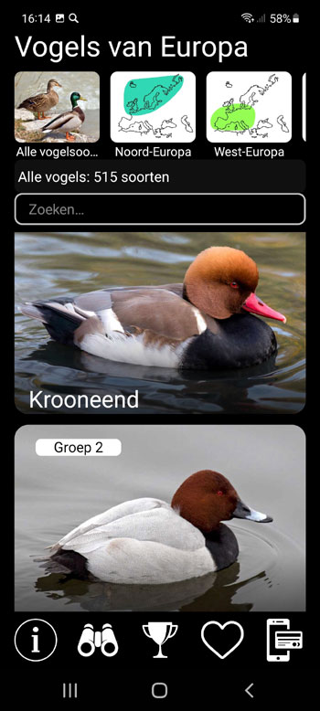 Mobiele Applicatie Vogels van Europa PRO: Veldgids, foto's en oproepen - hoofdscherm met alle vogelsoorten