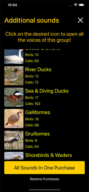 Мобильное приложение Манок на птиц: Птицы Северной Америки - Birds of North America: Decoys - страница покупки звуковых файлов Sounds Purchase