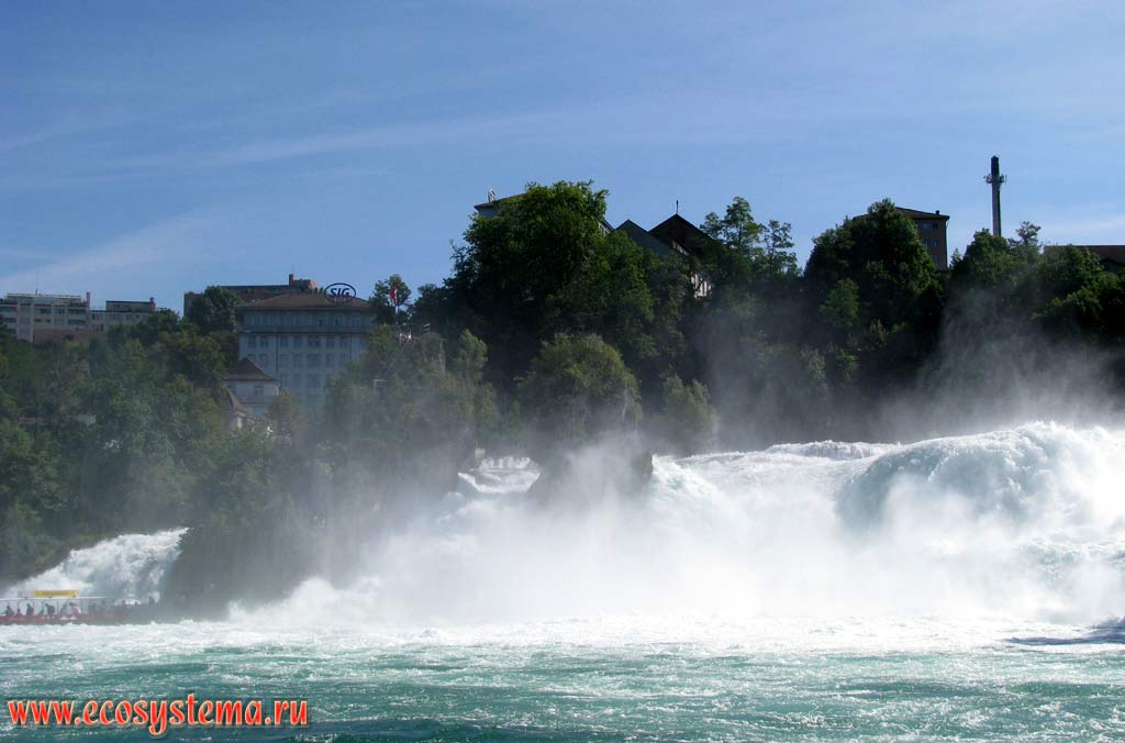 Нижняя часть Рейнского водопада, где река Рейн проходит через пороги, образованные юрскими известняками - крупнейший по объему стока
водопад в Европе (высота 23, ширина 150 м, расход воды до 700 м3/сек), г.Нойхаузен, кантон Шаффхаузен, Швейцария на границе с Германией