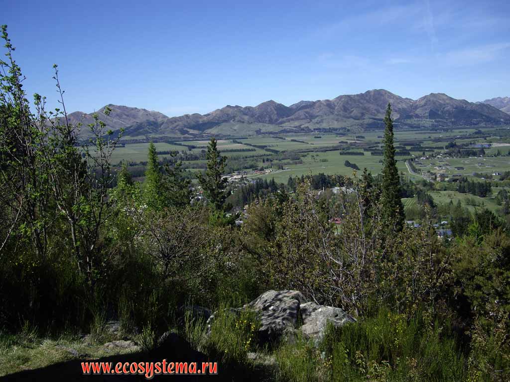 Anthropogenic landscape and view to the Hanmer Springs and Spenser Mountains.
View from the Conical Hill (550 meters above sea level).
Hanmer Springs national park, Canterbury region, eastern part of the South Island, New Zealand