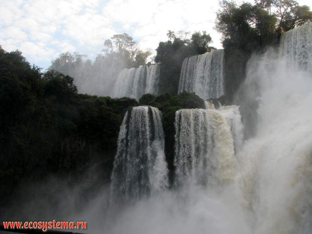 The Iguazu Falls - one of the largest cascade-type waterfalls in the world.
The Iguazu river falling from the edge of the Brazilian plateau. Iguazu National Park, the border between Argentina and Brazil