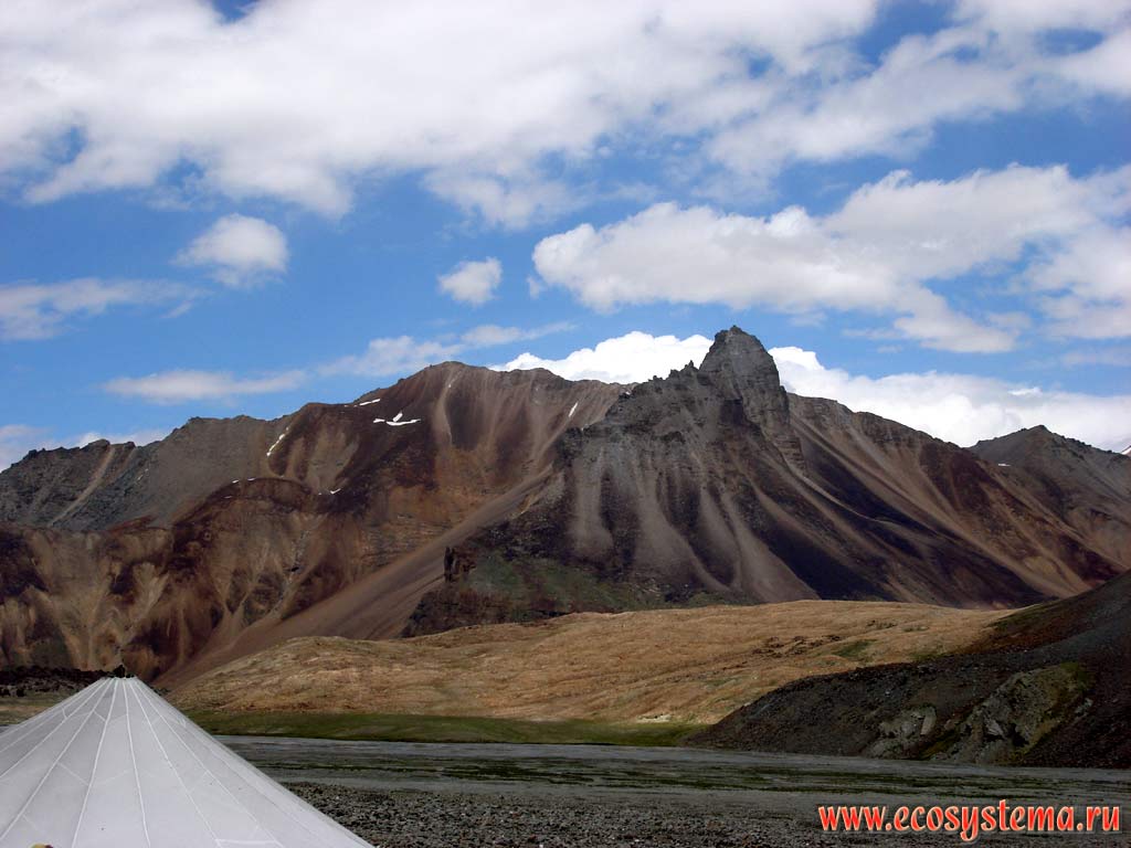 Альпийский рельеф: высотный пояс высокогорной пустыни со следами активной денудации кристаллических и осадочных метаморфизированных горных пород. Большие Гималаи, хребет Заскар (Занскар), высота около 5000 м над уровнем моря. Штат Джамму и Кашмир, север Индии