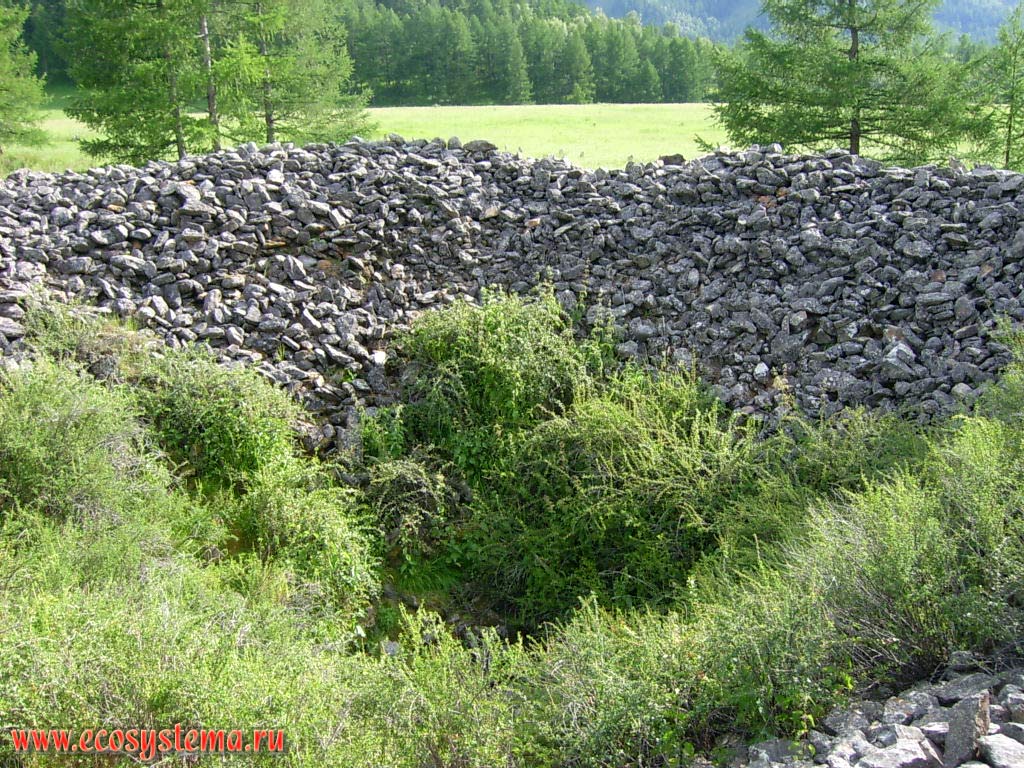 The central part of the excavated Bashadarsk burial mound (Turkic culture VI-V centuries BC). Tract of Lower Sooru, Karakol Nature Park Uch-Enmek, Ongudansky District, Altai Republic