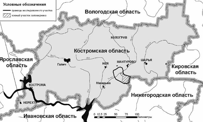 Географическое положение флористического участка и южного участка заповедника «Кологривский лес» в пределах Костромской области