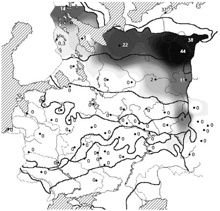 Сероголовая гаичка. Зимняя численность в хвойных и смешанных лесах (в среднем), особей/км2