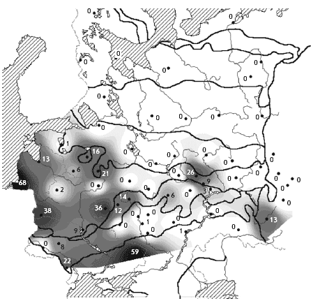 Черноголовая гаичка. Зимняя численность в лесах разного типа (в среднем), особей/км2