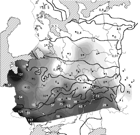 Большая синица. Зимняя численность в хвойных и смешанных лесах (в среднем), особей/км2