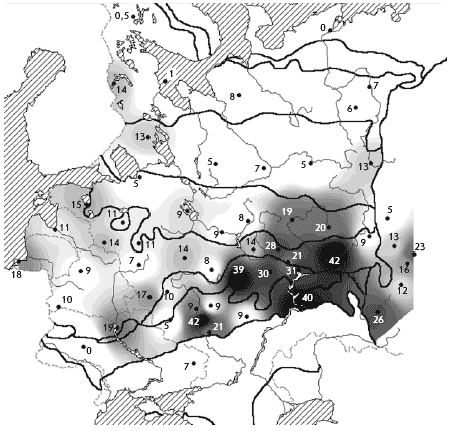 Большой пестрый дятел. Зимняя численность в хвойных и смешанных лесах (в среднем), особей/км2